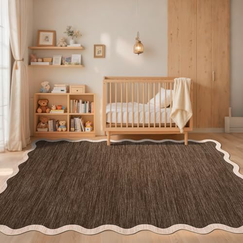 Scalloped Washable Area Rug 8 x 10 Rug for Living Room Non Slip (Scalloped|dark Brown / 8' x 10' (Rectangular))