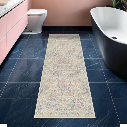 Non Slip Beige Blue Hallway Runner Rug (Beige Blue / 2' x 7' (Runner))