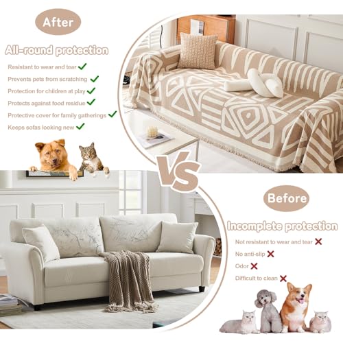 Sofa Covers for Sectional Sofa Set Boho Couch Cover for Dogs Khaki Throw Couch Cover with Tassel Loveseat Covers Futon Cover L Shaped Cover Washable Chenille Couch Protector (91" x 134" / T:khaki)