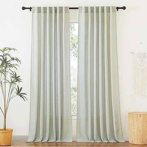 Linen Semi Sheer Curtains for Bedroom Living Room 84 inches Long (Sage Green / 52"W x 84"L (Pack of 2))