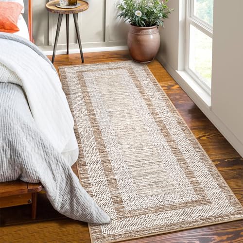 2x6 Modern Bordered Runner Rug Non Slip Washable Floor Carpet (Brown / 2' x 6' (Rectangular))