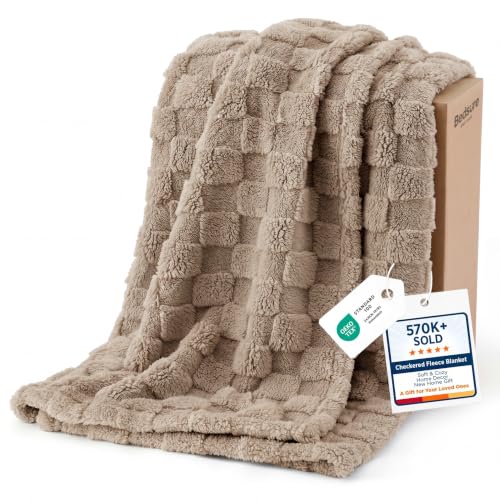 Checkered Fleece Throw Blankets for Bed (03 Light Brown / Throw XL (50" X 70"))