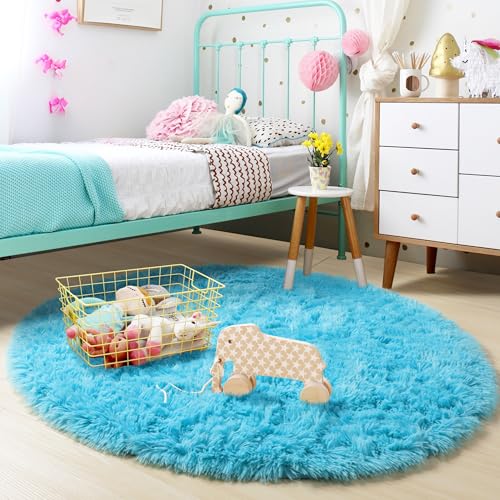 Blue Large Fuzzy Round Circle Area Rug 6Ft for Living Room Bedroom (Blue / 6' (Round))
