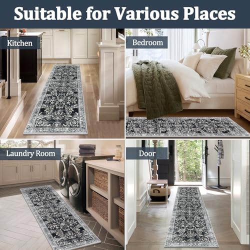 2x10 Washable Hallway Runner Rug Non Slip Floral Carpet (Navy/Black / 2' x 10')