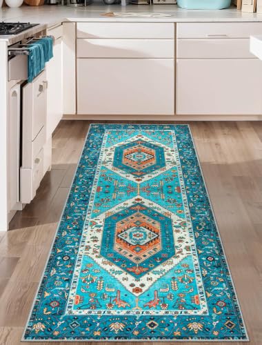 2x6 Washable Non Slip Boho Runner Rug for Hallway (Blue/Multi / 2' x 6' (Runner))
