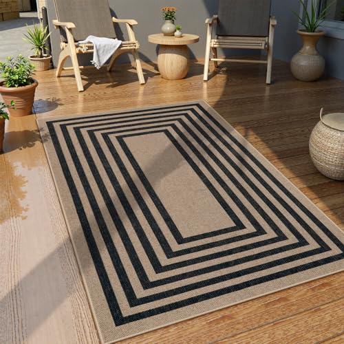 Modern 3x5 Outdoor Patio Rug (3' x 5' (Rectangular) / Nature/Black Border)