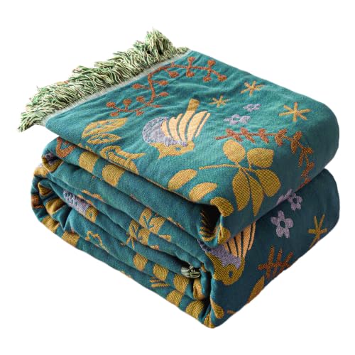 Boho Throw Blanket 60"x80" 100% Cotton Bird Quilt for Bed & Couch (A-teal Blue Bird / 60"x80")