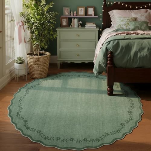 Large Round Rug 8ft Scalloped Washable Circle Living Room Rug (Green / 8' (Round))