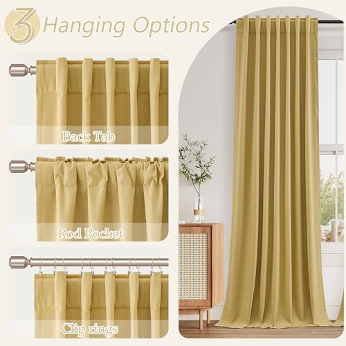 100% Blackout Curtains 63 Inch Length 2 Panels Set for Living Room Bedroom Back Tab Thermal Insulated Black Out Linen Drapes Room Darkening Window Curtains 63 Inches Long (Gold / 52"W x 63"L (Pack of 2))