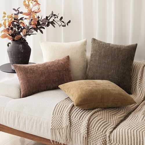 Solid Textured Chenille Throw Pillow Covers 20x20 (20" x 20" (Pack of 2) / Toffee)