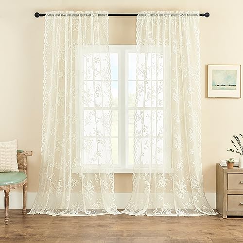 Ivory Lace Sheer Curtains 96 Inches Long 2 Panels Victorian Floral for Living Room Bedroom Rod Pocket Light Filtering Cream Shabby Chic Window Drapes Farmhouse Decor (52"W x 96"L (Pack of 2) / Ivory)