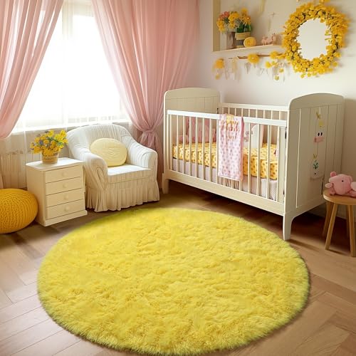 Yellow Shag Fuzzy Large Round Area Rug 6Ft for Bedroom Living Room (Yellow / 6' (Round))