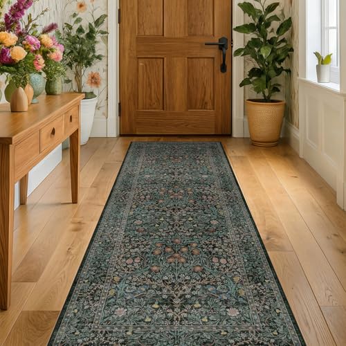 Dark Green Washable 2x8 Runner Rug Non Slip for Kitchen (Dark Green / Black / 2' x 8' (Runner))