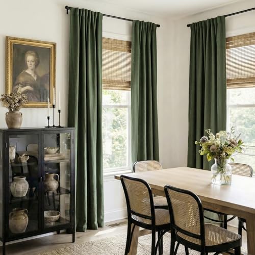 Faux Linen Total Blackout Curtains for Bedroom 96 Inches Long (Ivy | Moss Green / 50"W x 96"L (Pack of 2))