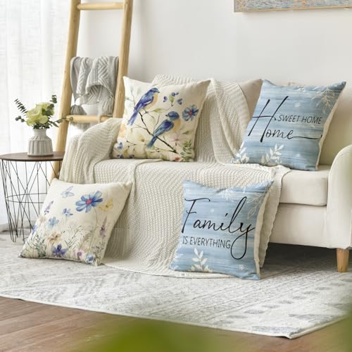 Spring Saying Flowers Butterfly Bird Throw Pillow Covers (Blue / 18" x 18" (Pack of 4))