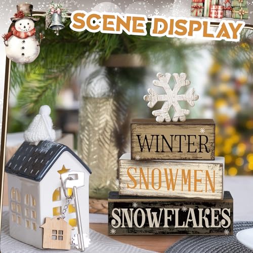 4 Pcs Wooden Block Signs Winter Tiered Tray Decor Farmhouse (Snow)