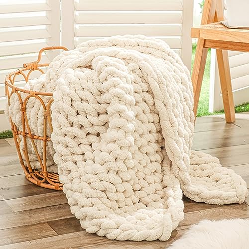 Chunky Knit Throw Blanket for Couch (Beige / 40"x60" (Medium Size Throw）)