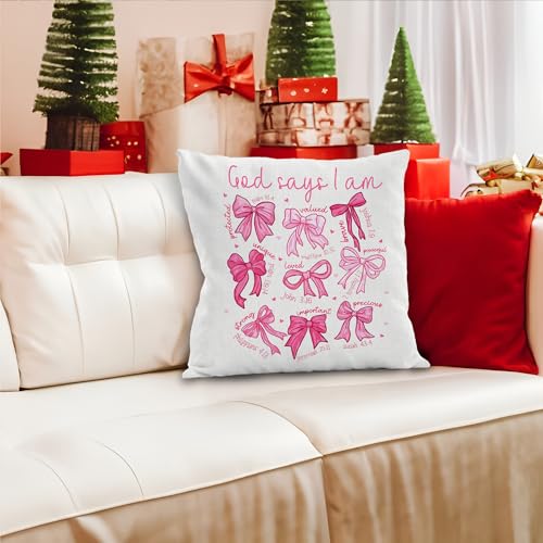 Pink Coquette Bow Christian Pillow Covers 18x18 (Bow God Says)