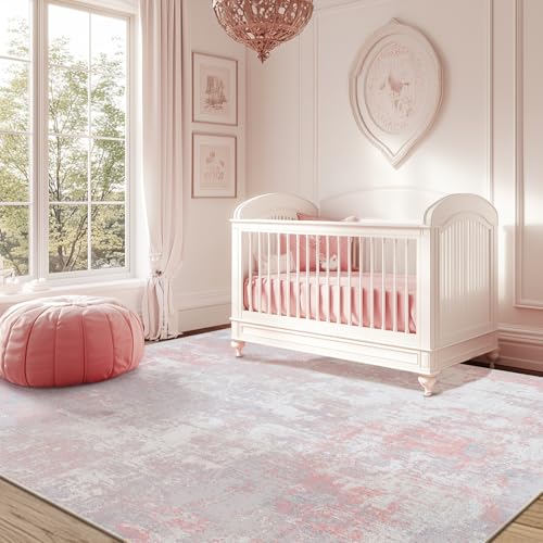 Washable 4'x5' Abstract Area Rug for Living Room Gray Pink (Gray/Pink / 4' x 5' (Rectangular))