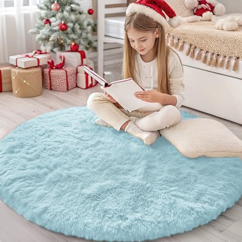 Light Blue Round Rugs for Bedroom (4 Ft Round / Light Blue)