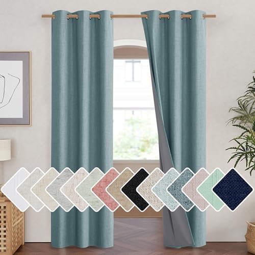 100% Absolutely Blackout Linen Curtains with Thermal Insulated Liner (42"W x 90"L (Pack of 2) / Skylark Blue)