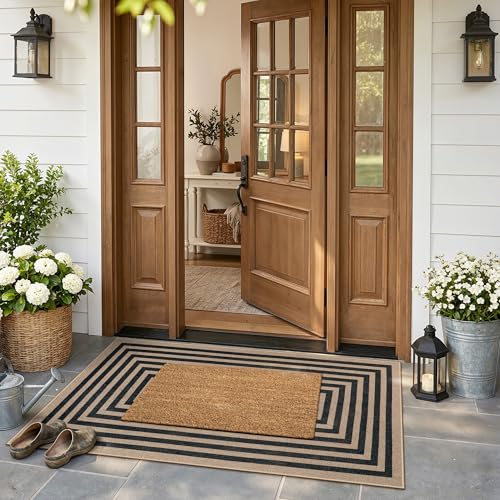 Modern 3x5 Outdoor Patio Rug (3' x 5' (Rectangular) / Nature/Black Border)