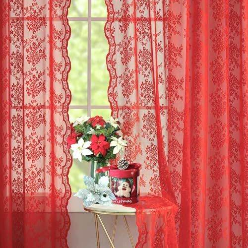 Vintage Lace Curtains 72 Inch Length 2 Panels for Bedroom (Red / 52"W x 72"L (Pack of 2))