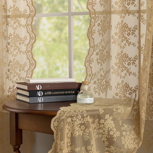 Vintage Lace Curtains 63 Inch Length 2 Panels Earthy Neutral Taupe Sheer Curtains with Scalloped Edges Rod Pocket Short Floral Crochet Panles for Bedroom Dining Room W52 X L63 Light Coffee (Taupe / 52"W x 63"L (Pack of 2))