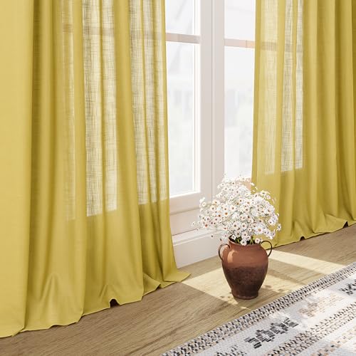 Celery Yellow Linen Curtains 84 Inch Length 2 Panels Set for Living Room Back Tab Light Filtering Semi Sheer Curtain for Bedroom Farmhouse Drapes (52"W x 84"L (Pack of 2) / Celery Yellow)