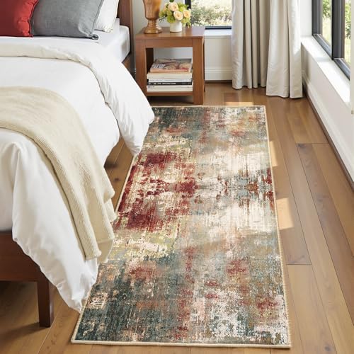 Washable Runner 2'x6' Abstract Area Rug for Hallway Rustic Brown (Rust Red/Green/Blue/Multi / 2' x 6' (Runner))