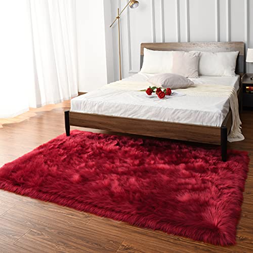 Soft Fluffy Faux Fur Rugs for Bedroom Bedside Rug 3x5 Feet (Red / 3 x 5 Feet (Rectangular))