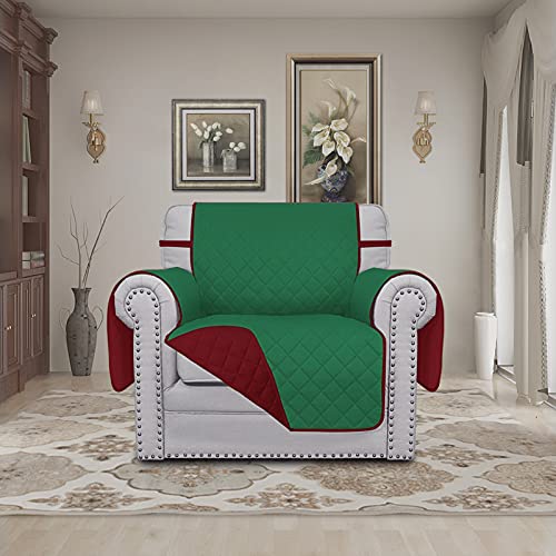 Chair Sofa Slipcover Reversible Sofa Cover Water Resistant Couch Cover Furniture Protector Cover with Elastic Straps for Pets Kids Children Dog Cat (Green/Christmas Red / Small Chair)