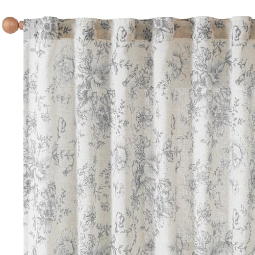 Vintage Floral Linen Curtains 90 Long for Living Room 2 Panels (Grey / 42"W x 90"L (Pack of 2))