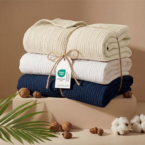 100% Cotton Muslin Blanket Queen Size for Bed (08 - Navy Blue / Queen (90" X 90"))