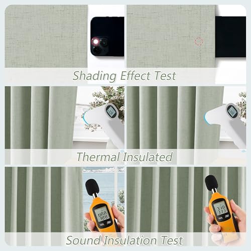 Mist Sage 100% Blackout Linen Curtains 96 Inch Length 2 Panels Set for Living Room Bedroom Back Tab Thermal Insulated Black Out Drapes Room Darkening Farmhouse Style for Bedroom Window Curtains (Mist Sage / 52"W x 96"L (Pack of 2))