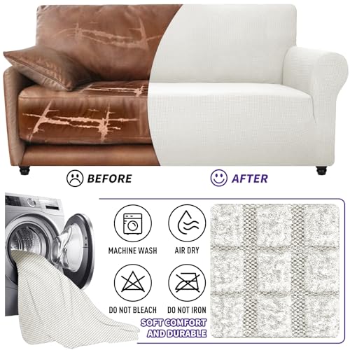 Super Stretch Couch Cover Love Seat Sofa Covers for Living Room Dogs Pet Friendly Furniture Protector Spandex Loveseat Slipcovers with Anti Slip Foam Sticks (White / Medium (57"-70"))