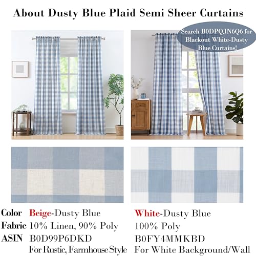 Short Beige Dusty Blue Buffalo Plaid Curtains 54 Inches Long (Dusty Blue/Beige / 40"W x 54"L (Pack of 2))