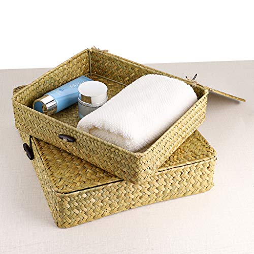 2 Packs Flat Wicker Basket Box with Lid Woven Seagrass Storage Bins (Small+Large / Natural Color)
