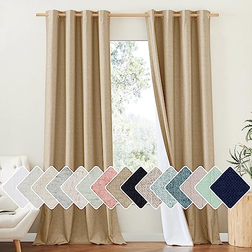 100% Absolutely Blackout Linen Curtains with Thermal Insulated White Liner (52"W x 95"L (Pack of 2) / Camel)