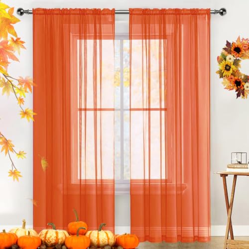 Sheer Voile Window Treatment Rod Pocket Curtain Panels for Kitchen Bedroom Living Room Drapes Sunlight Filtering Privacy Semi Home Decor Assorted (Burnt Orange / 52"W x 54"L (Pack of 2))