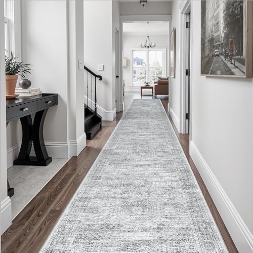 Hallway Runner Rug 2'6" x 14' Washable Long Kitchen Rugs Grey (Grey / 2'6" x 14' (Runner))
