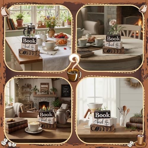 4 Pcs Farmhouse Table Decor Rustic Wooden Book and Coffee Signs (Coffee)