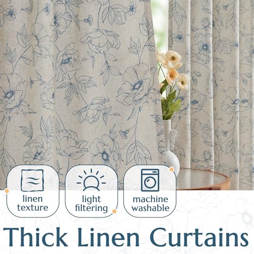Floral Linen Curtains for Living Room 63 Inch Length Blue Flower Curtain Rod Pocket Back Tab Farmhouse Curtains with Printed Floral Bedroom Window Curtain Set (Penny Blue on Ecru / 50"W x 63"L (Pack of 2))