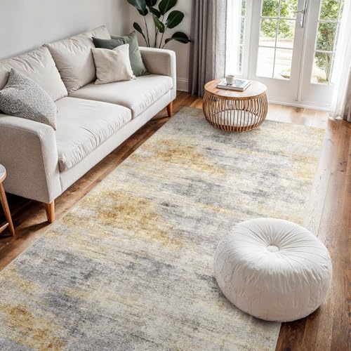 4x8 Runner Rug Washable Abstract (Grey/Yellow / 4' x 8')