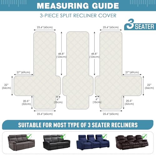 100% Waterproof Recliner Sofa Covers 3 Seater Split Couch Covers for 3 Cushion Reclining Couch with Straps (Sky Blue / 3 Seater Standard)