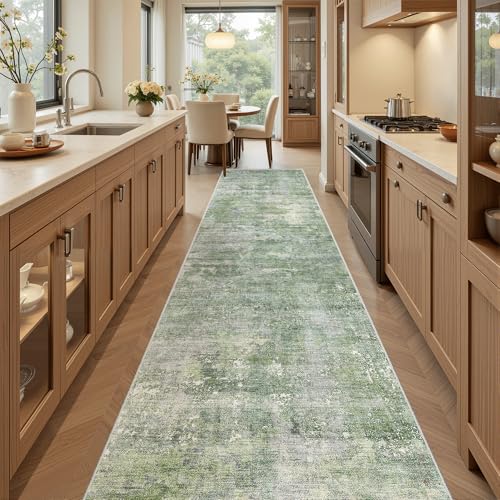 Abstract Runner Rug 2x10 Hallway Kitchen Runners Green (Green/Ivory / 2' x 10' (Runner))