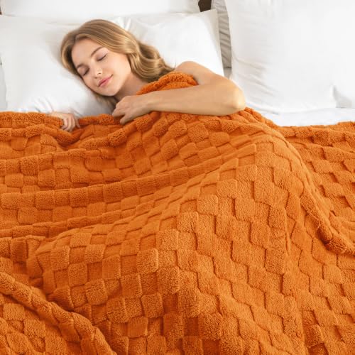 3D Checkered Fleece Twin Blanket for Bed (Burnt Orange / Twin (60"x80"))