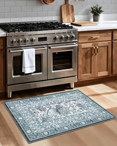 Mist Blue 2x3 Door Mat Indoor Rugs for Entryway Provence Small Botanical Grove Cottagecore Washable Non (Oriental Misty Blue / 2' x 3' (Rectangular))