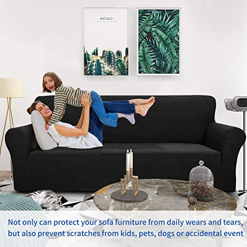 1 Piece Jacquard Couch Covers for 2 Cushion Couch High Stretch Loveseat Slipcover for Pets Dogs Anti Slip Love Seat Sofa Slipcover Furniture Protector (Medium (55"-69") / Black)