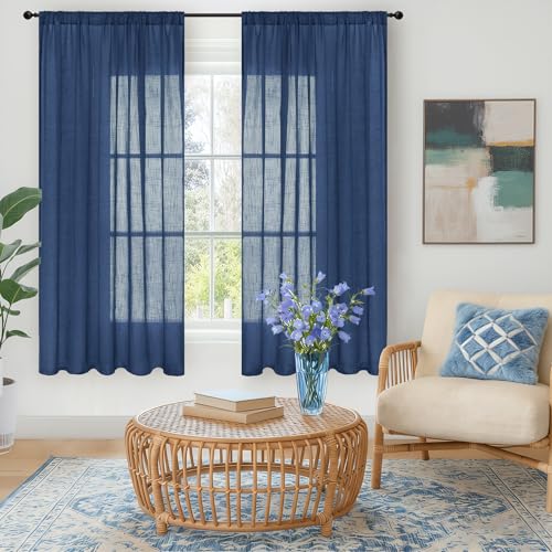 Navy Blue Linen Curtains 63 Inch Length for Living Room (Navy / 52"W x 63"L (Pack of 2))
